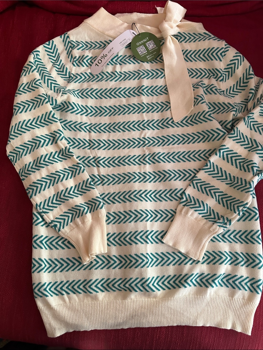 OXKNIT Cream Sweater with Teal Chevron Stripes and Bow Neck NWT